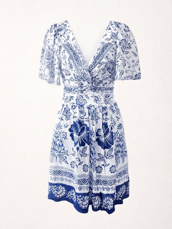 Angie Dresses & Skirts - Angie Blue & White Floral Boho Mini Dress Smocked Back Cottagecore Summer Large